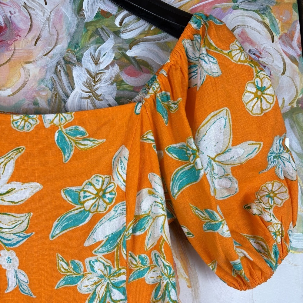 Flying Tomato Orange Floral Linen Off Shoulder Puff Sleeve Blouse M - Picture 4 of 7